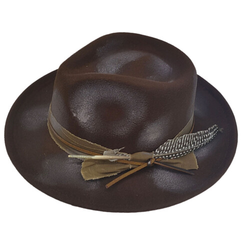 Unique Distressed Paint Jazz Cap With Feather Detail-brown