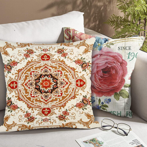 Rött boho bomullslinne örngott 45x45 cm 2