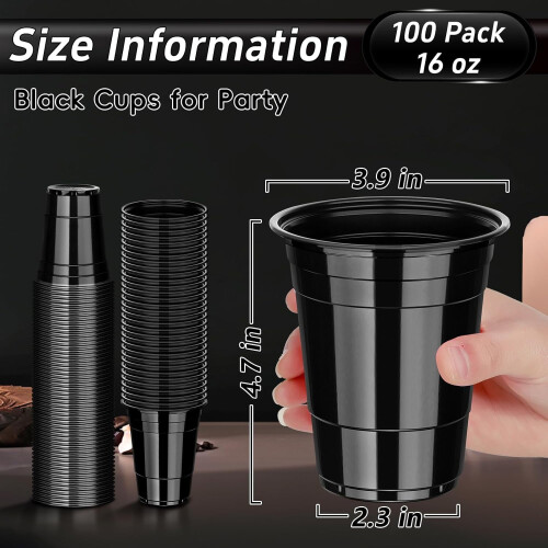 Black Plastic Cups 16 oz Heavy Duty 100 Pack 1