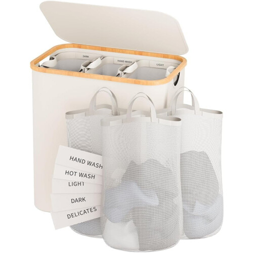 Panier à linge beige 145L à 3 compartiments avec couvercle 1