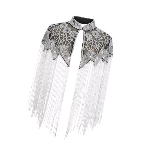 Polyester Nylon Blend Shawl Capelet With Beads And-Silver