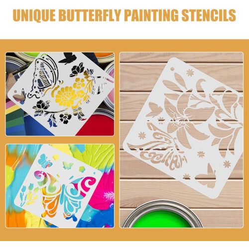 Set di 12 stencil a forma di farfalla e fiore per dipingere pareti e per il journaling. 2