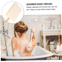 Langstielige Badebürste mit natürlichem Luffaschwamm für sanftes Peeling. Ergonomisches Design für die Rückenmassage unter der Dusche.