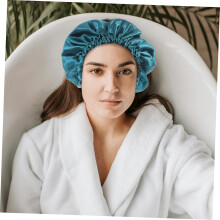 Bonnet de douche élastique réutilisable pour femmes, grand bonnet de bain imperméable avec fermeture à bouton.