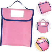 Ampia custodia portadocumenti in nylon rosa con etichetta nominativa, borsa a tracolla leggera e portatile.
