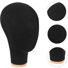 Katoenen stoffen mannequinhoofd met houten voet, zwart, voor het presenteren van pruiken en hoeden in salons of winkels.