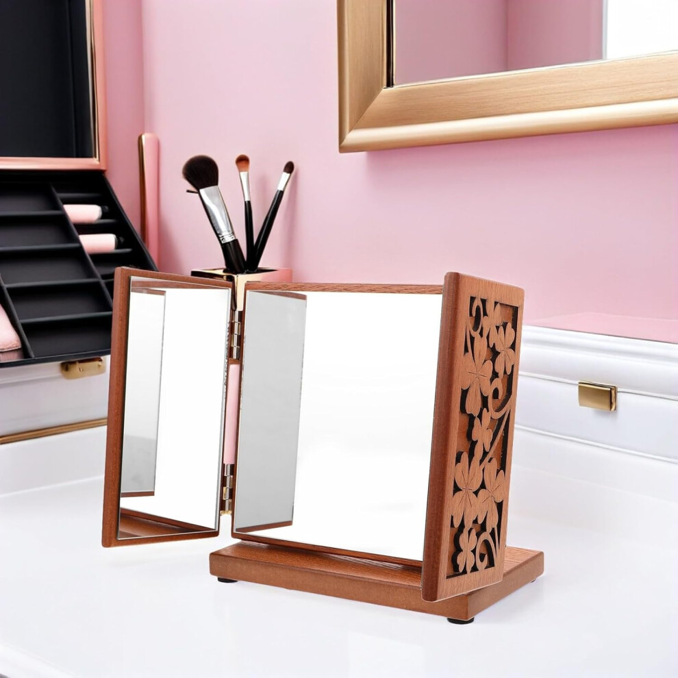 Hkhbjs Wooden Trifold Makeup Mirror With Vintage Clover Carved Design