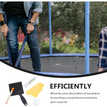 Reparatieset voor trampolines: gereedschap voor het repareren van trampolinematten, inclusief schraper en lijm.