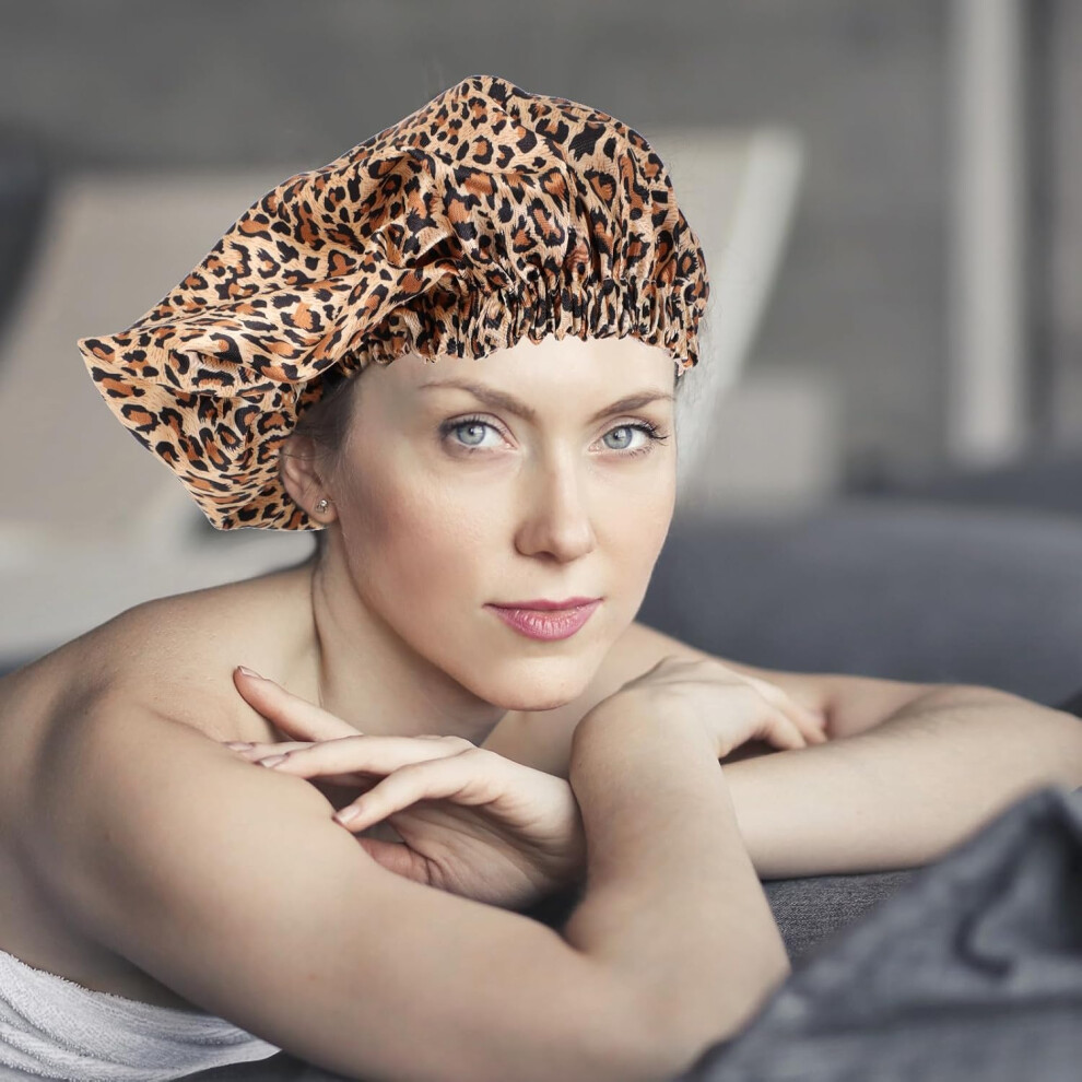 Hkhbjs Double-Layer Satin Hair Care Bonnet Night Sleep Hat With Adjustable Flat Buckle Leopard Print Shower Cap