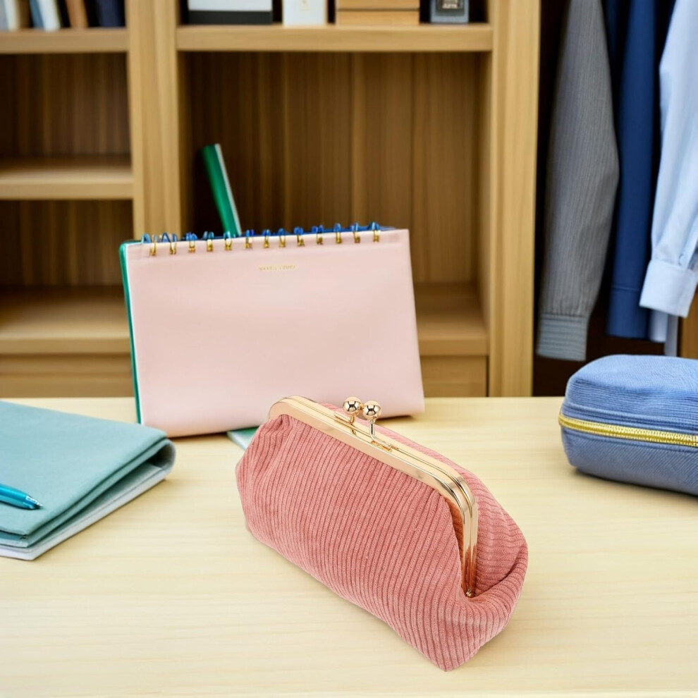 Hkhbjs Light Pink Corduroy Clasp Makeup Bag With Large Capacity, Kiss Lock Cosmetic Pouch