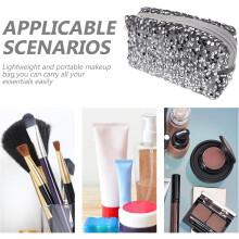 Neceser de maquillaje con lentejuelas plateadas, gran capacidad, portátil, para viajes, ideal para bolsos, cosméticos y accesorios.