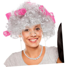 Graue Oma-Perücke, Lockenwickler, Kostüm für alte Frau für Halloween-Auftritte, inklusive Gesichtskette für Damen