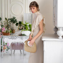 Borsa da spiaggia intrecciata con fiocco, pochette in poliestere fatta a mano per donna, borsa tote estiva.
