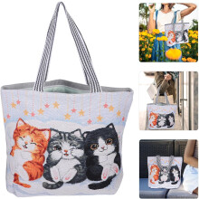 Vintage-Tragetasche mit drei bestickten Katzen für Damen, geräumige Schultertasche aus Canvas