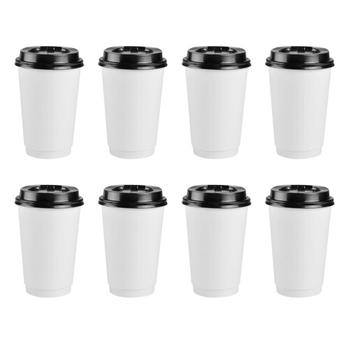Vasos de café desechables de papel de doble pared con tapas (12 oz,