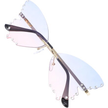 Ochelari de soare la modă în formă de fluture pentru femei, lentile mari fără rame, albastru și roz, ramă aurie