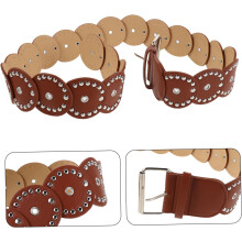 Cintura da donna larga con rivetti marroni, fascia spessa in pelle PU con dischi, accessorio moda stile boho western