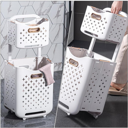 Rolling Laundry Hamper Folding Laundry Basket Double Layer Plastic com freio grande capacidade 2