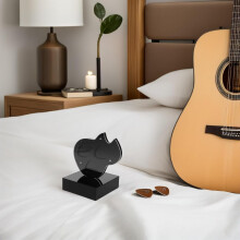 Estuche portapúas de guitarra de acrílico negro con soporte y base estable para una gestión eficiente de las púas.