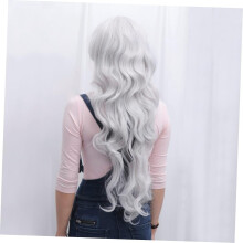 Lange, gewellte, lockige Perücke im Anime-Stil für Cosplay, Damenperücke mit Pony, grau, für Halloween und Partys