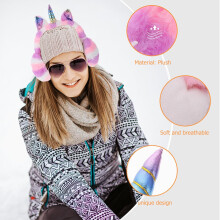 Orejeras portátiles de felpa resistentes al viento con diseño de unicornio para uso en exteriores durante el invierno.