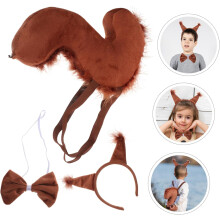Bandeira de ouvido de esquilo Conjunto com cauda de peluche macia e Bowtie, Bandeira de ouvido animal para meninos e meninas