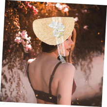 Cappello da sole vintage piatto intrecciato in paglia stile boho da donna, taglia grande 38x25 cm.