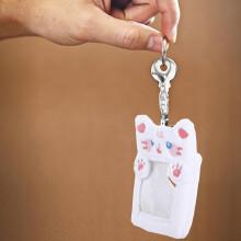 Llavero de peluche con funda para tarjetas, lindo gato blanco, portatarjetas de identificación visible, colgante para mostrar fotos de 3 pulgadas