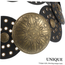 Cinturón de disco hueco para mujer, elegante accesorio de cintura ancha de estilo occidental con hebilla metálica.