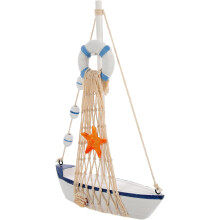 Mediterranes Segelbootmodell aus Holz, 23 cm, blau-weiß, maritime Wohndekoration