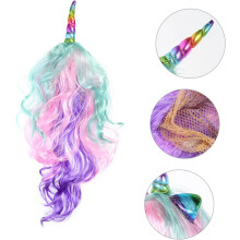Perucă colorată, lungă și creță, cu unicorn, cu linie naturală a părului și purtare confortabilă
