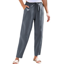 Women's cotton and linen straight-leg pants, elastic-Gray M