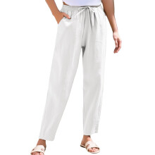Women's cotton and linen straight-leg pants, elastic-White S