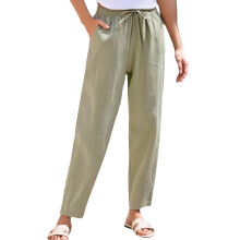 Women's cotton and linen straight-leg pants, elastic-Green XXL