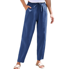 Women's cotton and linen straight-leg pants,-Navy Blue XL