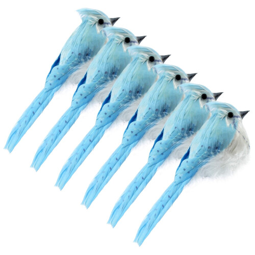 6 Artificial Blue & White Birds with Wire Fasteners