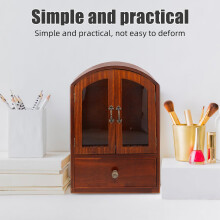 Wood Desktop Cabinet with Glass Doors and Drawer, Countertop Storage Organizer