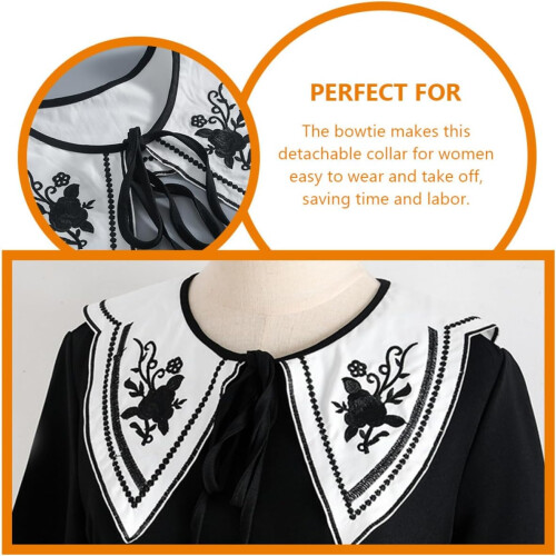 Collo finto in cotone, removibile, con ricami e pizzo, design chic, nero, per donna.