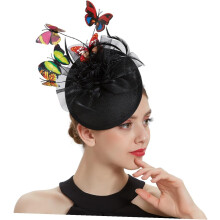 Fascinator nero a forma di farfalla per donna, realizzato in ABS e rete di poliestere.