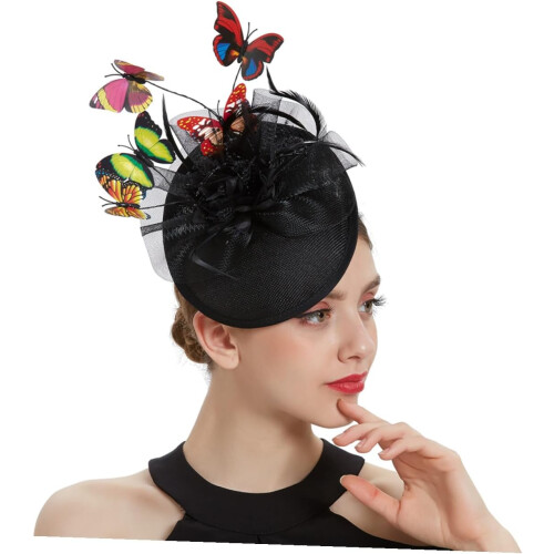 Fascinator nero a forma di farfalla per donna, realizzato in ABS e rete di poliestere.