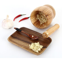 Prensa de ajos de bambú con tapa. Accesorios de cocina. Diseño ergonómico. Fácil de limpiar. Color caqui.