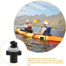 Adattatore portatile per valvole di kayak gonfiabili, materiale plastico nero, anello in gomma bianca.