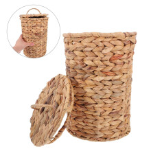 Papelera de hierba de calabaza tejida a mano con tapa, papelera decorativa compacta y versátil.