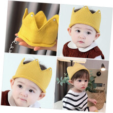 Chapéu de coroa de aniversário do bebê chapéu de tecido acrílico em forma de coroa de malha amarelo adorável