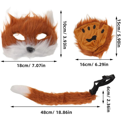 Σετ Cosplay Fox με καφέ και λευκή βελούδινη μάσκα, ουρά και γάντια 1