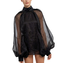 Lace Trimmed Illusion Net Shawl Having Architectural Puff-Black