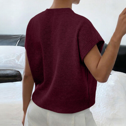 Women's Solid Color Printed Knitted Short-Sleeve Top-Burgundy M 1