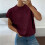 Women's Solid Color Printed Knitted Short-Sleeve Top-Burgundy M 3