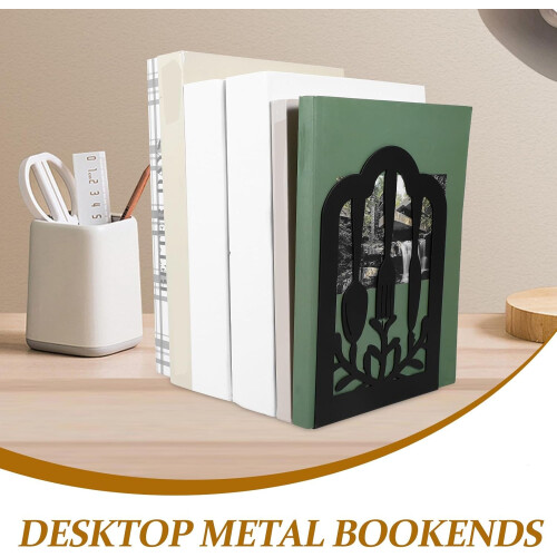 Black Iron Bookends Pair with Tableware Style Design, Non-deformable Decorative Book Holders 2