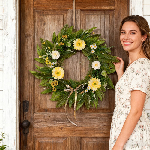 Kunstig blomsterkrans med bregneblade og bånd 2